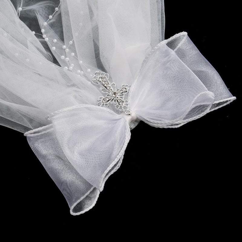 Merroyal First Communion Veil and Tiara Set, 24 inch White Veil with Rhinestone Cross Crown, Religious Ceremony Accessories - Image 3